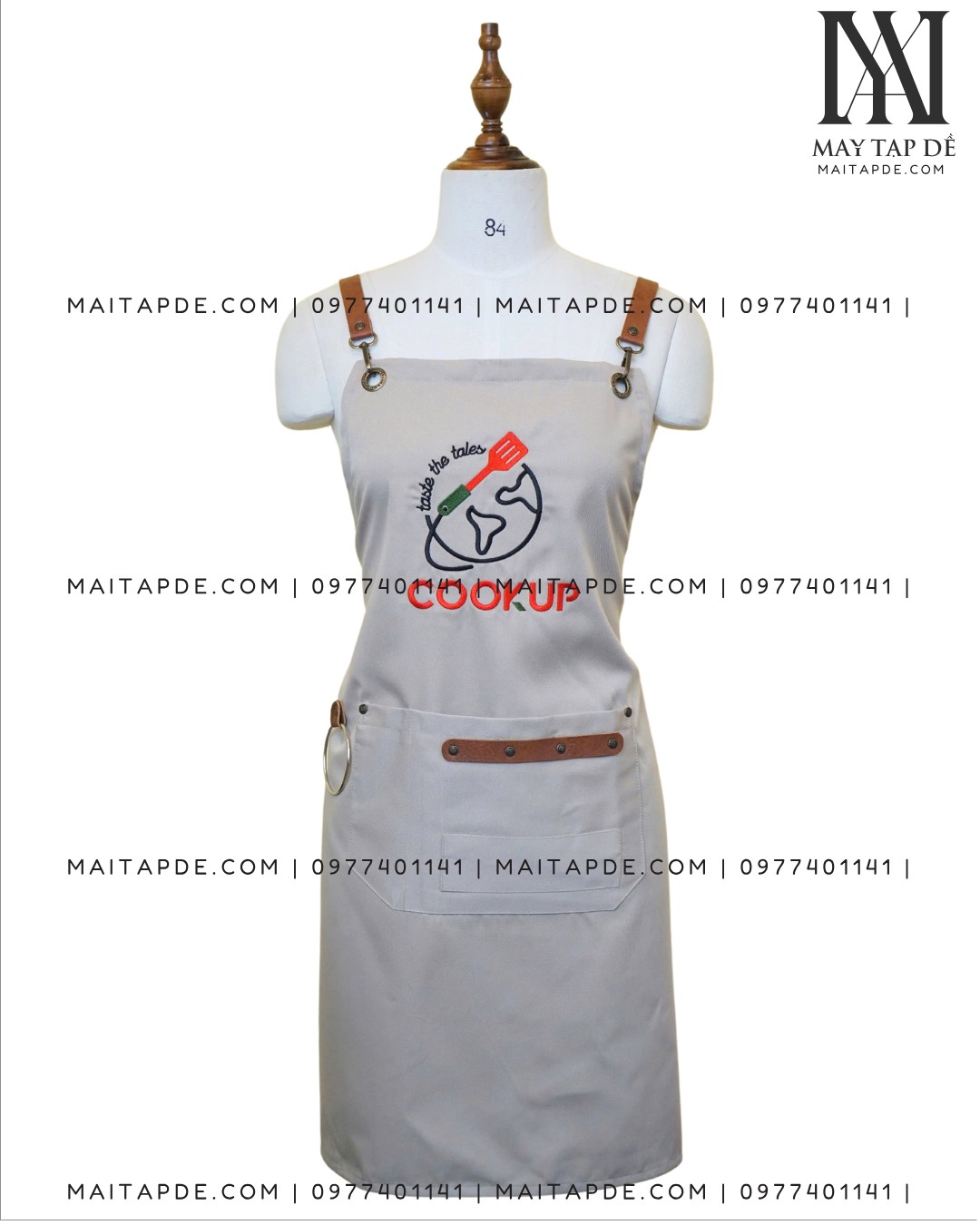 Tạp dề màu be dây da phối logo thêu TDMB03