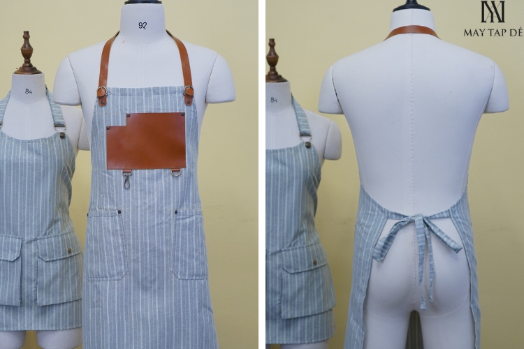 Tạp dề linen may sẵn trắng sọc đen phối da TDMS02